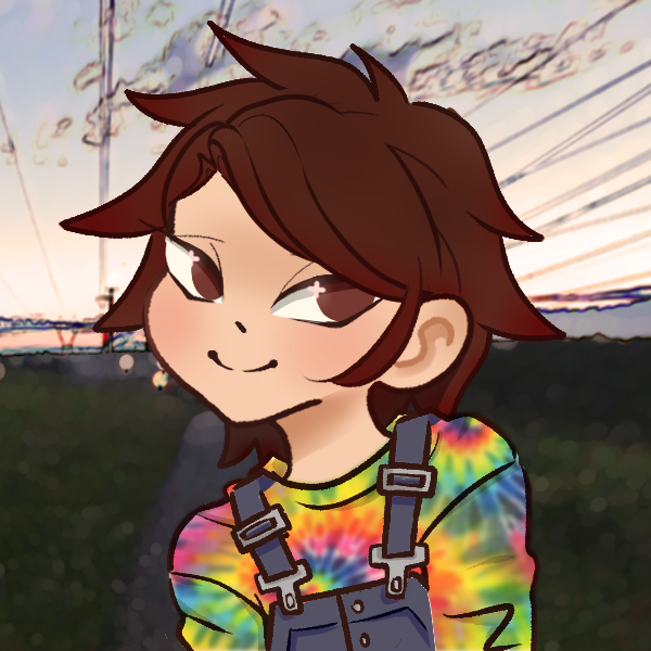 A cartoon image of Del wearing a tie-dye shirt and overalls